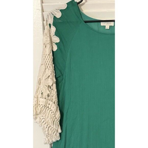 UMGEE Green Gauzy Tunic Top w Flower Crochet Sleeves Fringe Hem Cottagecore Lg - Picture 6 of 11